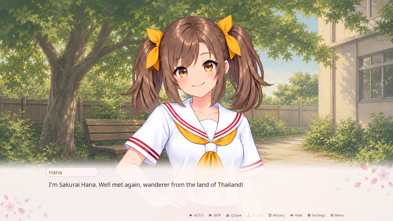 In-game screenshot: Hana introduces herself in the school garden, with an English text box