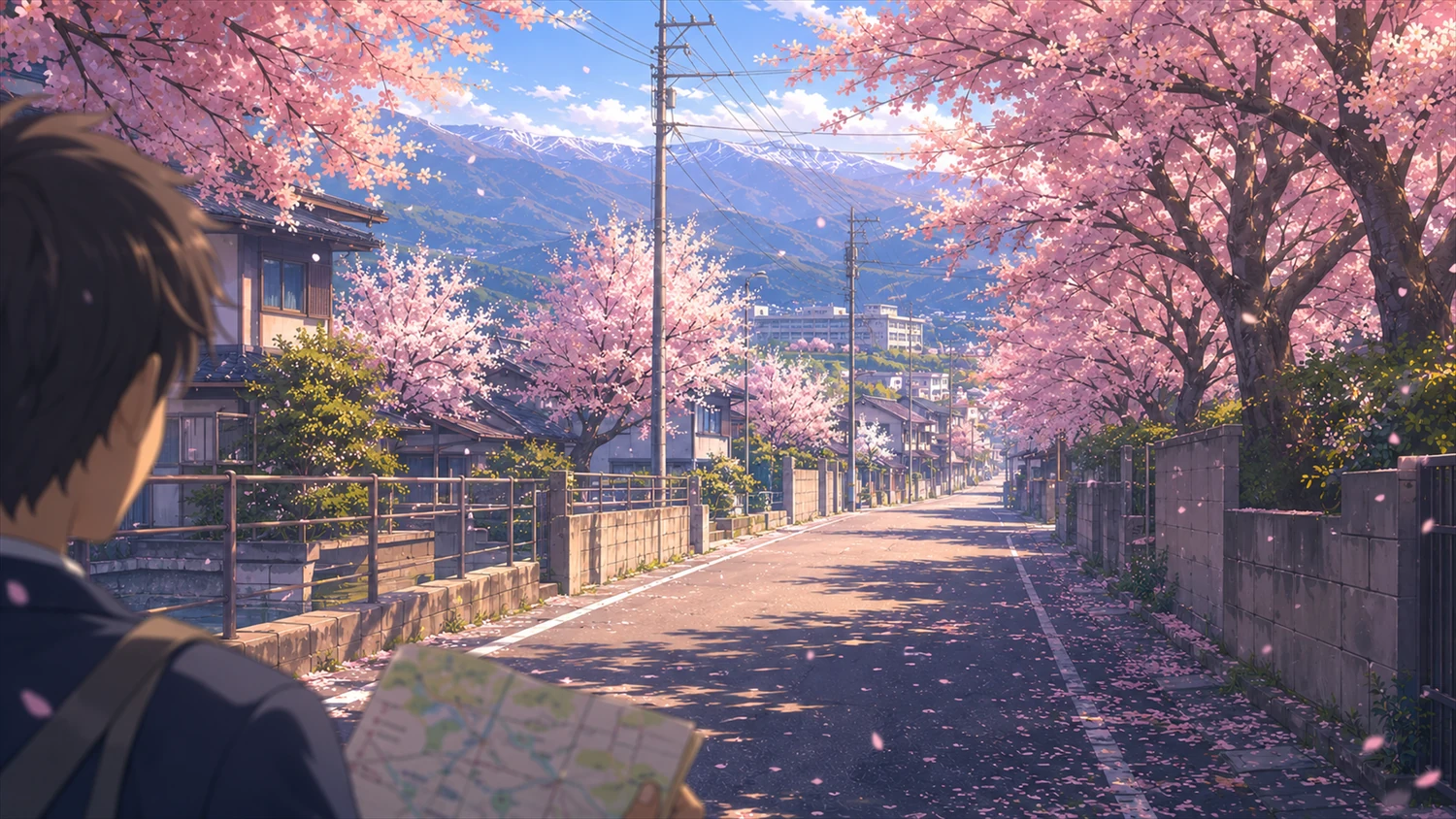 ถนนในเมืองโคโยริที่เรียงรายด้วยซากุระและทิวเขา